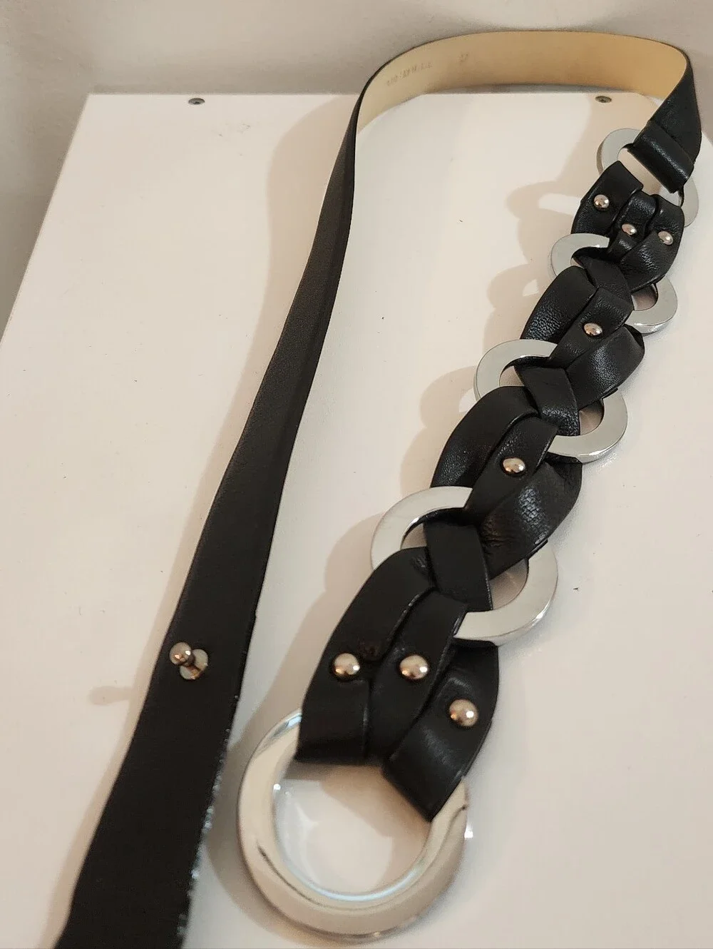 Worth Black Interwoven Leather Belt with Silver Rings